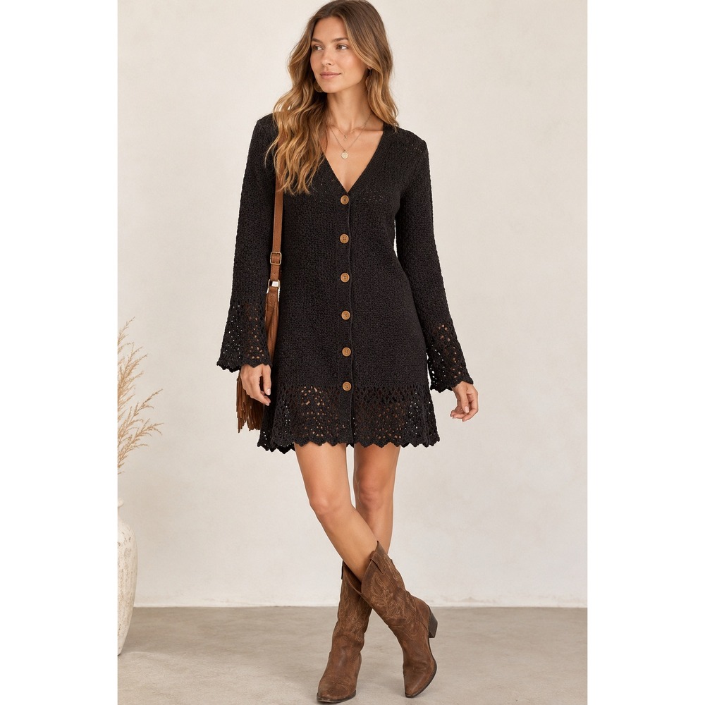 NWT BCBGMAXAZRIA Knit Button Down Cardigan Mini Dress Black Pointelle S